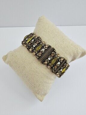 Vintage Liz Claiborne Green & Amber Rhinestone Stretch Bracelet | Gold Tone